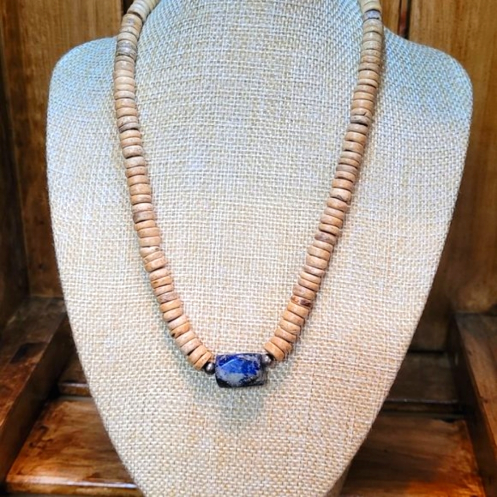 Blue Goldstone with Wooden Beads Necklace